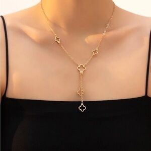 Gold Clover Charm Lariat Necklace